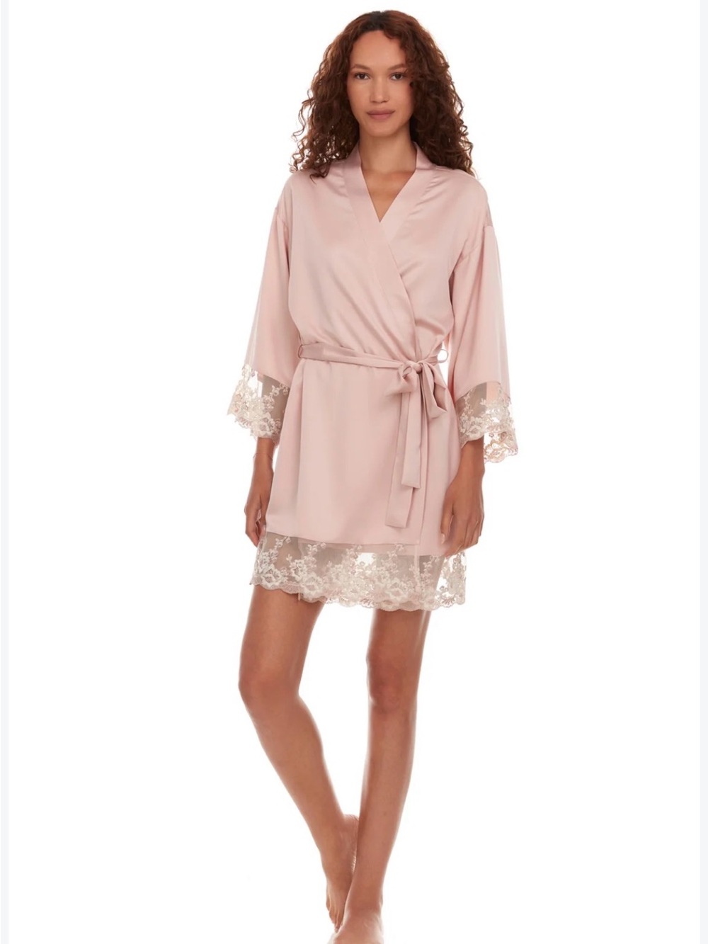 Flora Nikrooz Blush Lace-Trim Satin Wrap Robe medium
